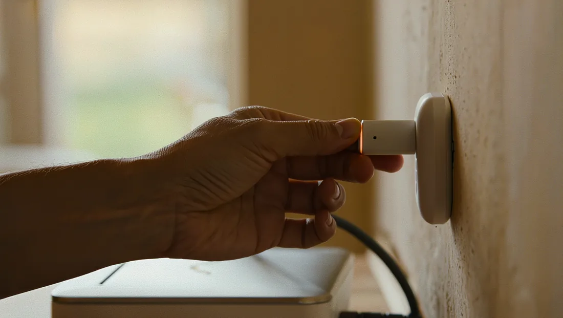 A hand plugging the small Glimpse device into a wall outlet beside a Wi-Fi router