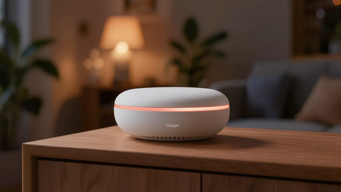 The Glimpse device resting on a console at dusk with its coral indicator light gently glowing