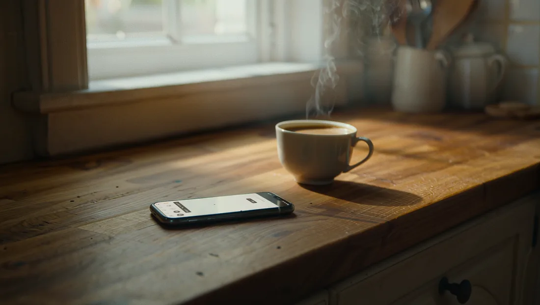 A phone resting on a kitchen counter next to a steaming cup of coffee on a Sunday morning